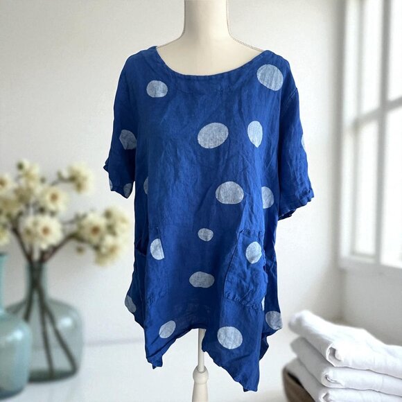 BELLE FRANCE Blue Polka Dot Linen Blend Top Size Medium - Picture 1 of 7
